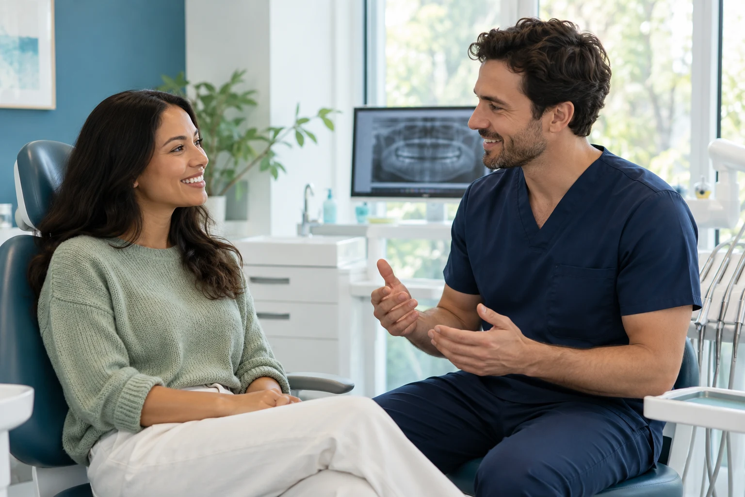 Patient and clinician discussing dental care